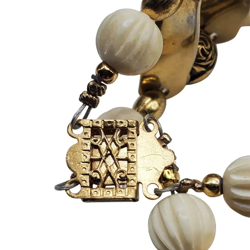 Acrylic Carved‎ Off White Beaded Choker Necklace Brass Tribal Boho Ethnic Rose